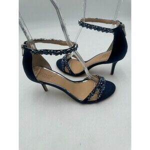 Jewel Badgley Mischka Navy Satin Crystal Embellished Kitten Glamour Heels 9.5